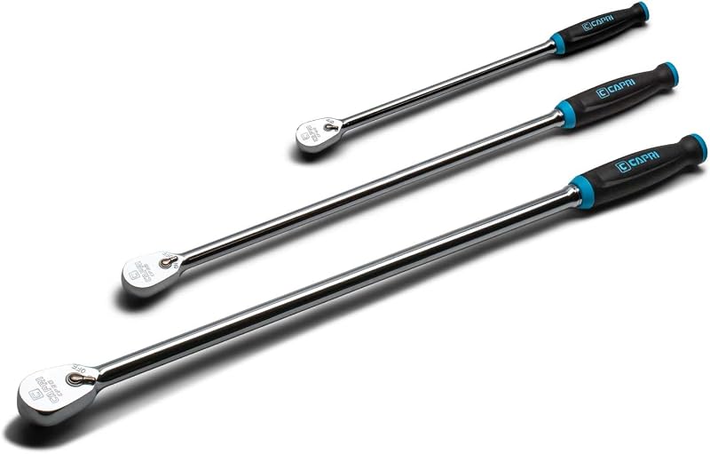 Jogo de Chaves Catraca Extra Longas Capri Tools com 90 Dentes, Cabo Ergonômico e Encaixes de 6,35 mm, 9,53 mm e 12,7 mm, 3 peças