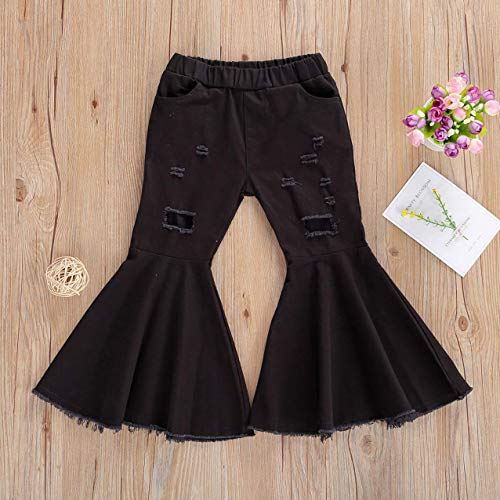 Toddler Kids Baby Girl Bell Bottom Denim Jeans Flare Pants Ripped Leggings Trousers Tie Dye Print Clothes Outfits (Black& Ripped,4-5T)