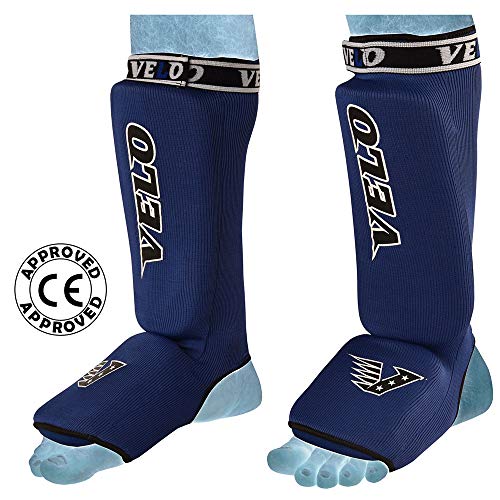 VELO Shin Instep Pads MMA Leg Foot Guards Kick Muay Thai Boxing Guard Protectors (Blue, S)