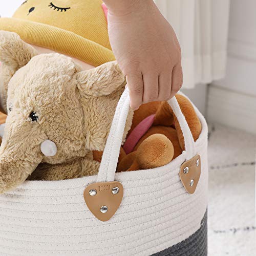 SONGMICS Baumwollseilkorb, Griffen, Wäschekorb aus Baumwolle, 100 L, für Spielzeug, Kleidung, Decken, Grau-Beige, 55 x 55 x 35 cm, LCB401G01