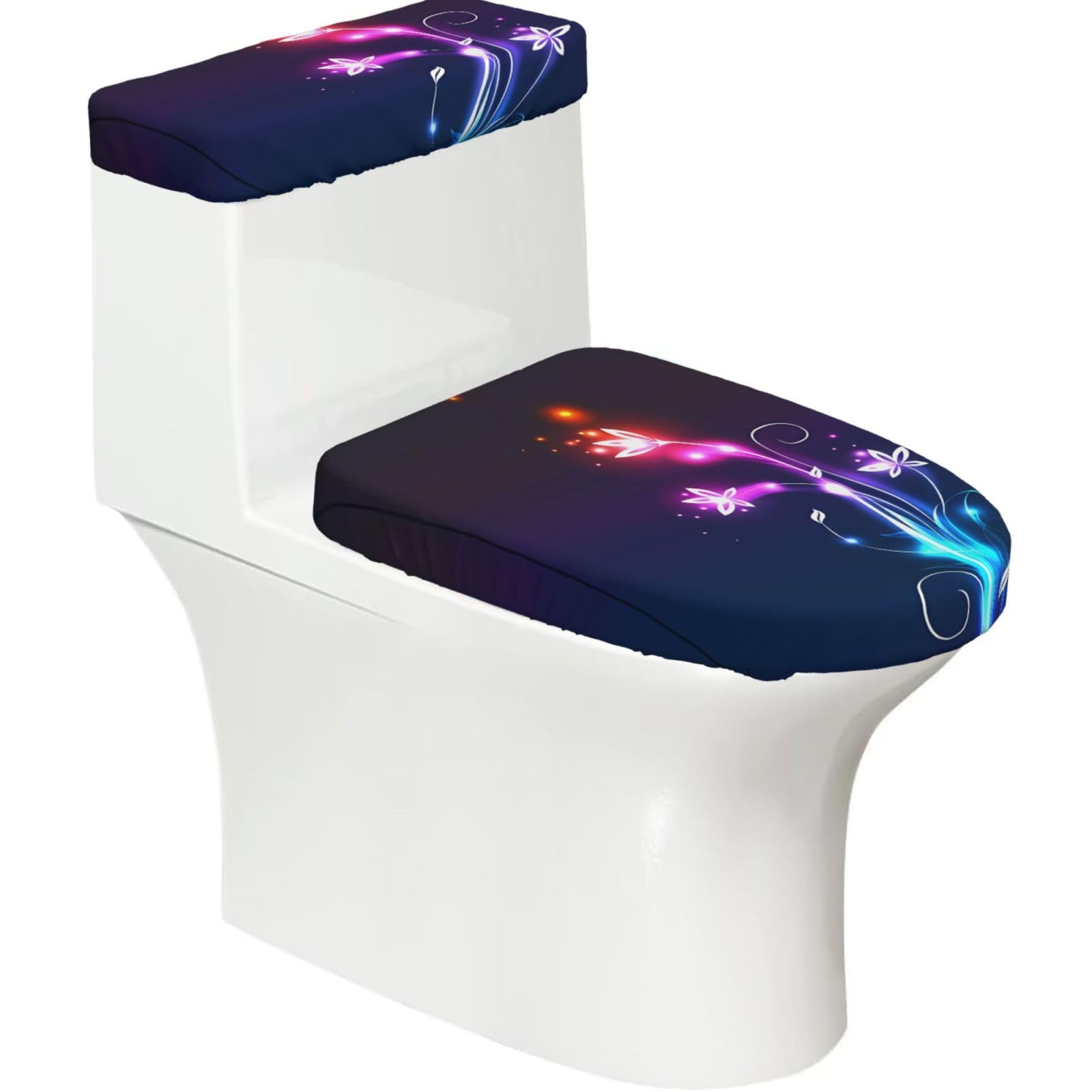 Mrowyc Black Cool Light Flowers Printed Toilet Seat Set - Set Of 2 - Universal Toilet Seat Cover - Housewarming Birthday Christmas Gift