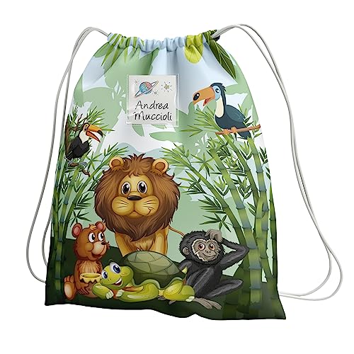 KAÏDENSÏ Sacca Asilo con Nome Personalizzata Giungla - Zainetto Asilo Nido 32x40 cm con Tasca Interna 20x10 cm - Zaino Asilo Bambino Originale per Bambini Piccoli