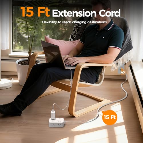 Image of TESSAN Surge Protector Power Strip, 15 Ft Flat Plug Extension Cord with 3 USB (1 USB C 20W PD) 8 Outlets, 1250W, 900J Protection, 3 Sided Outlet Extender with Power Switch for Office, Dorm Room, White