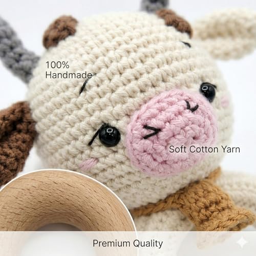 Image of Crochet Baby Teether Cow - Soft Handmade Cotton Rattle Toy with Wooden Ring for Infants - Cow 1 PCS