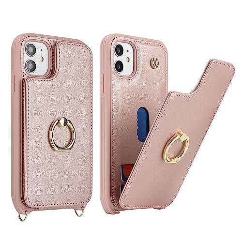 Image of for iPhone 11 Phone Case with Card Holder and Strap for Women,Crossbody Lanyard,RFID Blocking,Kickstand Ring Stand,Snap Clasp,Phone Wallet Cases 6.1 inch(Rose Gold)