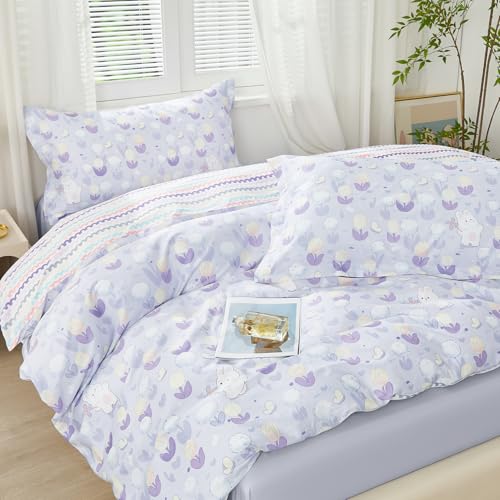 Saphreas 100% Cotton Duvet Cover Set King Size Yellow Tulip Purple Dandelion Pattern Bedding Set Cute Rabbit Duvet Cover Set 3Pcs 1 Duvet Cover 2 Pillow Shams thumb #1