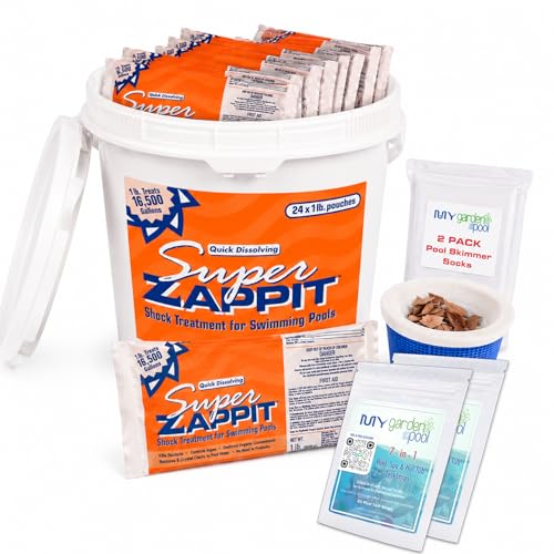 Super Zappit%73 Cal Hypo Shock Fast Dissolving Shock Treatment 24 x 1 Lb Bag with My Garden Pool Skimmer Socks and 7-in-1 Test Strips. Powerful Chlorine Shock