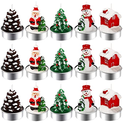 BUZIFU 15 Candele Natalizie Non Profumate Fatte a Mano Tealight a Forma di Babbo Natale, Albero di Natale, Pigne, Pupazzo di Neve, Casetta per Decorazione Domestica