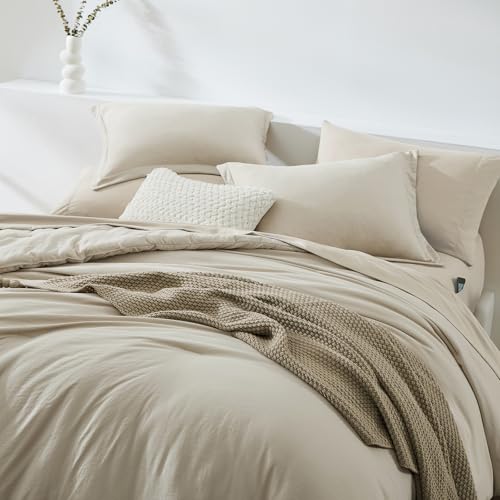 Image of King Size Comforter Set- 7 Pieces Prewashed Bed in a Bag King Bedding Sets | Soft All Season Comforter with Sheets, Pillow Shams & Pillowcases,Light Oatmeal