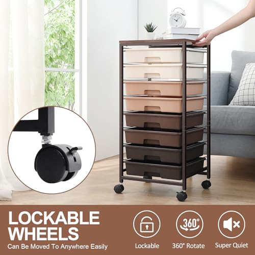 Image of SYKIARIOL Rolling Utility Storage Cart with 8 Drawers and Wooden Tabletop,Dark Brown