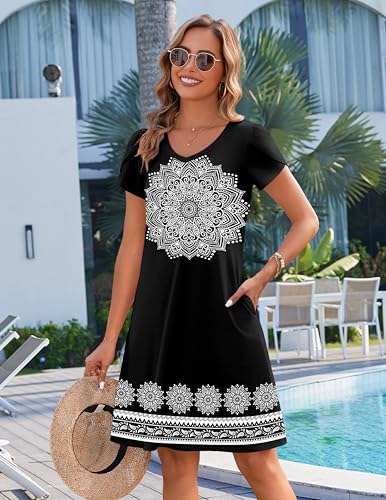Image of Zeagoo Womens Summer A-Line Dress with Pockets Mini Short Sleeve Dresses Flowy Beach Swing Dress 2026 Vacation Travel