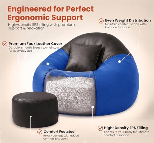 Image of Sattva Dual Color 6XL Sofa Style Bean Bag Chair with Beans Filled | Faux Leather Binbags for Adults | Large Bean Bag with Pocket | Pre-Filled Beans Bag with Beans for Home (Black & Royal Blue)