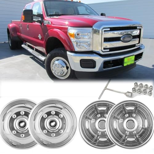 Puermto 4pcs 17 Wheel Simulators Fit for 2005-2021 Ford F-350 F350, 8 Lug Protective Waterproof Replacements Bolt On Polished Stainless Steel Dually Hubcaps Wheel Covers with Installation Tool Kit