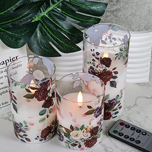 Image of Battery Operated Glass Flameless Candles with Remote and Timer Real Wax 3D Wick Flickering Rose LED Pillar Candles Wedding Dinner Christmas Holiday Decor D3 x H4, 5 inch, 6 inch