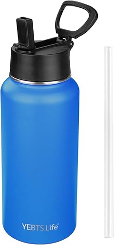 Miniatura 18 de Botella de agua aislada con pajilla, botella de agua deportiva de acero inoxidable aislada al vacío, mantiene el frío y el calor, botella de agua de