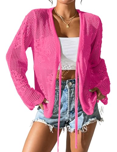 Image of Womens Tie Front Lightweight Crochet Cardigan Shrugs Knit Cardigan Crop Tops Cover Up
