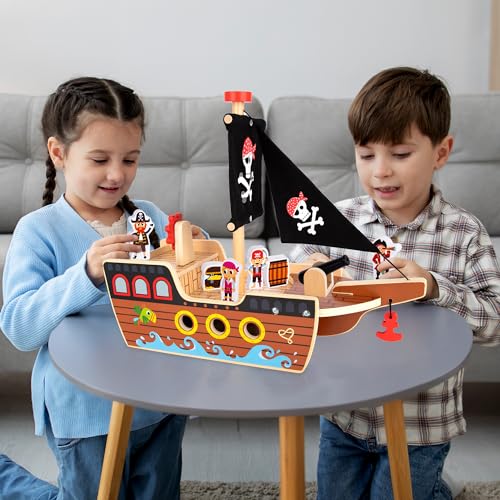 image for ArtCreativity Wooden Pirate Ship Toy Set for Kids - Pirate Play Set wi