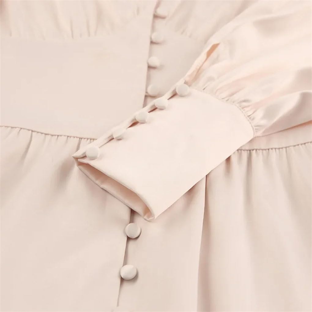 Robe longue en satin à simple boutonnage pour femme - Taille haute - Manches lanterne - Midi