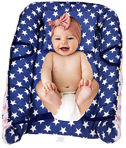 Image of by Urban Space 100% Cotton Reversible Baby Bed Set with Pillow 0-12 Months (Blue Star, 0-12 Months)