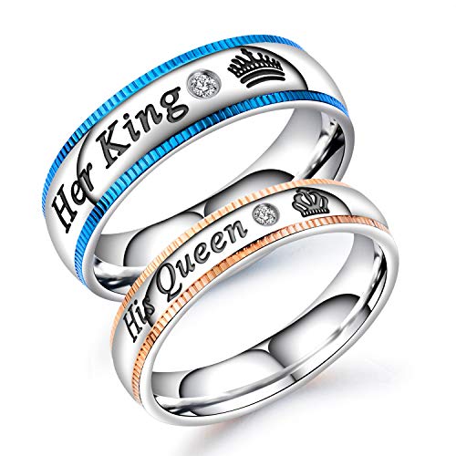 Fate Love Couples Wedding Engagement Bands His Queen & Her King Rings Matching Set Crown Crystal Stainless Steel, Love Gift for Him and Her (Womens Ring (1pc), 8)