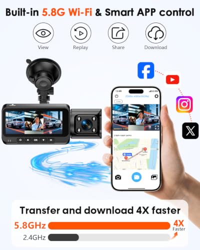 Image of 3-Channel Dash Cam 4K for Car: Front, Rear & Inside Dash Camera with 5GHz WiFi & GPS - 24H Parking Mode, 64GB Card for Rideshare Driver