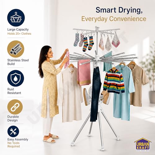 Image of URBAN KRAFT Octopus Foldable Rotating Cloth Drying Rack, 360 Multi-Layer Space Saving Laundry Stand with Lockable Wheels, 4 Pulleys, 20 Clips, 6 Shoe Dryers Rods for Indoor /Outdoor