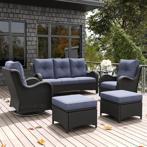 LayinSun 6 Pieces Outdoor Patio Furniture Set, Rattan Wicker Sectional Swivel Rocker Chairs Sets with Ottomans, Swivel Glider Chairs, and Coffee Table