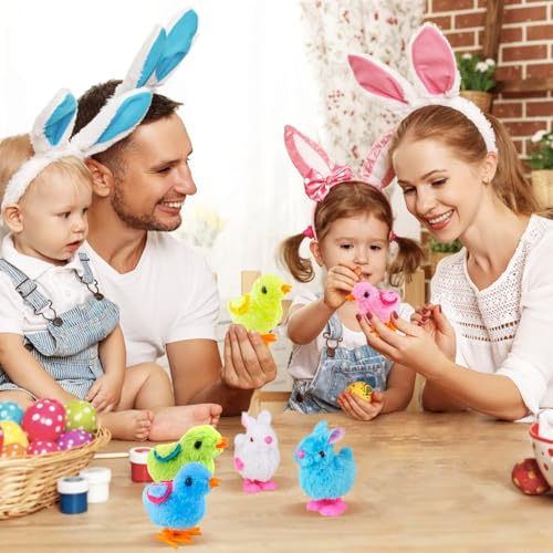 Image of Bunny and Jumping Chick Wind Up Toys Novelty Chicken Hopping Windup Toy for Kids Toddlers Adult Easter Egg Hunt Basket Stocking Stuffers Party Gifts [Multicolor] (4 PIC-Jumping Chick-Pattern Colour)
