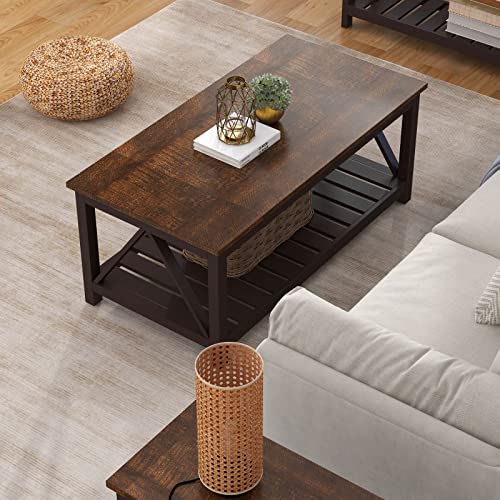 Choochoo EUR-CT19001-2TRL Farmhouse Coffee Table, Rustic Vintage Living Room Table With Shelf, 40 Espresso thumb #2