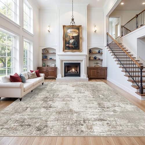 12x18 ft Extra Large Living Room Rug – Washable Modern Abstract Neutral Oversize Rugs for Bedroom,Dining Room,Family Room – Non-Slip Low-Pile Thin Stain-Resistant Carpet (Beige Grey)