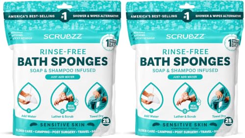 Scrubzz Disposable No Rinse Bathing Wipes for Senstive Skin - 50 Pack - All-in-1 Single Use Shower Wipes, Simply Dampen, Lather, and Dry Without Shampoo or Rinsing (Sensitive Skin, 1-Pack)