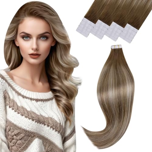 Vivien 22 Inch Human Hair Extensions Tape in Balayage Light Brown to Platinum Blonde Tape in Hair Extensions Ombre Brown Double Sided 50g 20pcs #6/60/6
