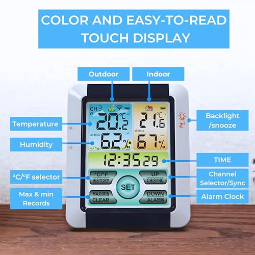 Image of DeWire Wireless Weather Station with 1 Remote Sensor [Supports Upto 3] Digital Touch Screen Hygrometer Thermometer with Backlight, Indoor Outdoor Temperature Humidity Monitor (Weather station)