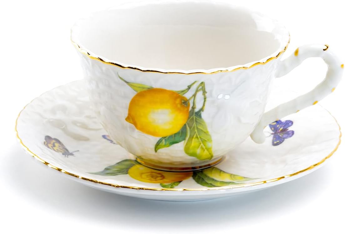 Lemon Bee Fine Porcelain Cup and Saucer with Gold Trim Multicolor