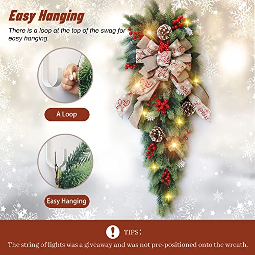 36 Inch Christmas Teardrop Swag, Christmas Holiday Swag Wreaths For Front Door With Lights (Not Pre-Lit) , Natural Pine Cones, Red Berries, For Wall Window Fireplace Indoor&Outdoor Xmas Decor #TOP3