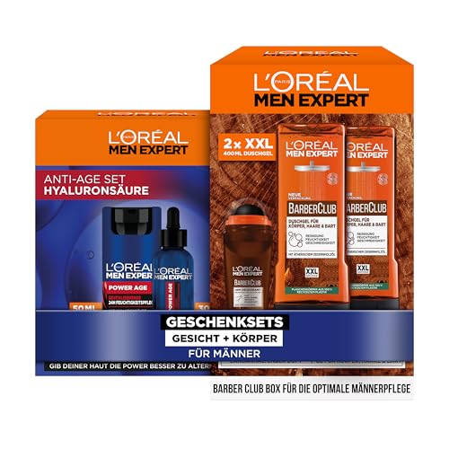 L'Oréal Men Expert Pflegesets für Gesicht und Körper für Männer, Mit Gesichtscreme, Gesichtsserum, 2x Duschgel und Deo Roll-On, Geschenkset für Herren, Power Age, Barber Club, 5-teilig