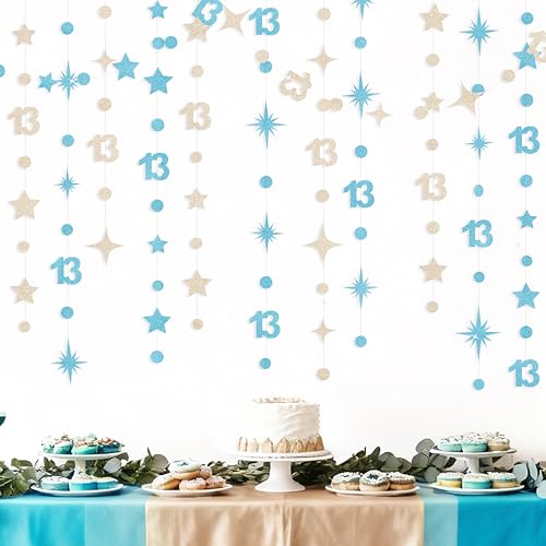Image of Champagne Gold Blue 13th Birthday Decorations Number 13 Circle Dot Star Garland Streamer Banner Backdrop for Girls Boys Official Teenager Cheers to 13 Years Old Happy 13th Birthday Party Supplies