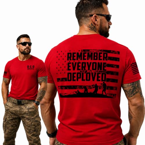 RED Friday US Military Shirt Remember Everyone Deployed Flag Sleeve Front & Back Print American Pride Mens T-Shirt Red Large
