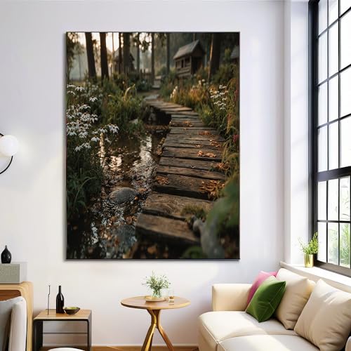 Arte De Pared Sin Marco 50×70 cm, Puente De Madera Sobre Arroyo Forestal Pintura En Lienzo, Pintura De Paisaje Natural Rural Sobre Lienzo, Impressions Sobre Cuadros Para Sala De Estar Dormitorio