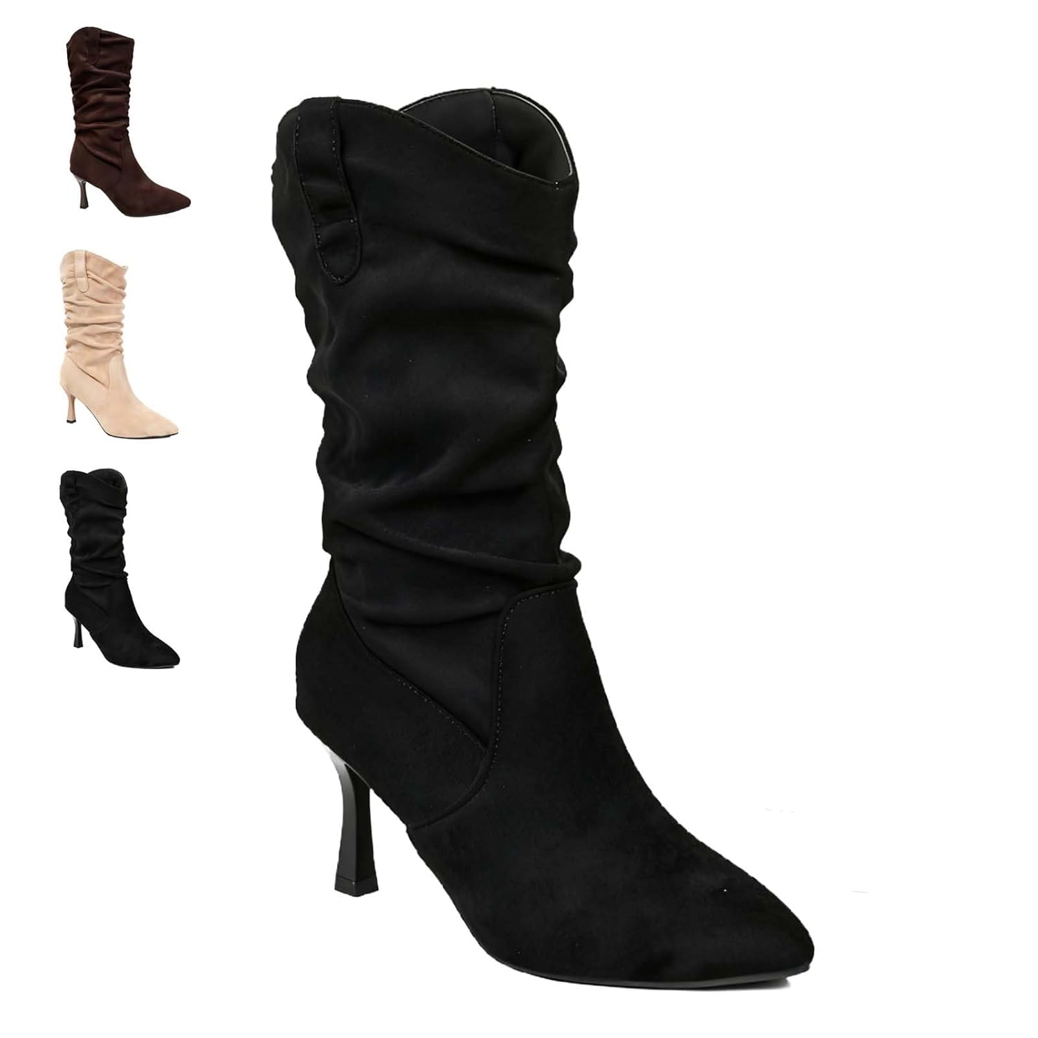 Womens Slouchy Mid Calf Boots Kitten Heel Pointed Toe Pull On Fall Boots Faux Suede Wide Calf High