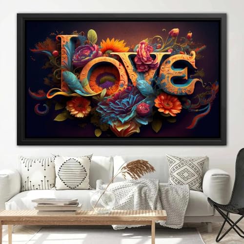 Cadeau mural affiche d'art moderne fleur romantique mot d'amour avec cadre 60x90
