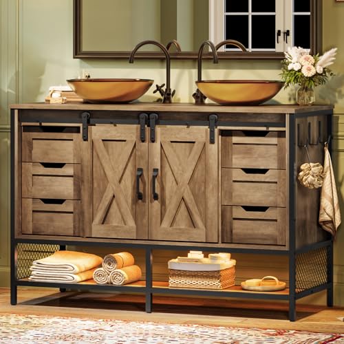 Concho 47'' Farmhouse Bathroom Vanity with Double Vessel Sink, Bathroom Sink Storage Cabinet with LED Light & Sliding Barn Door, Adjustable Shelf, 3 Drawers, Side Hooks, Rustic Brown