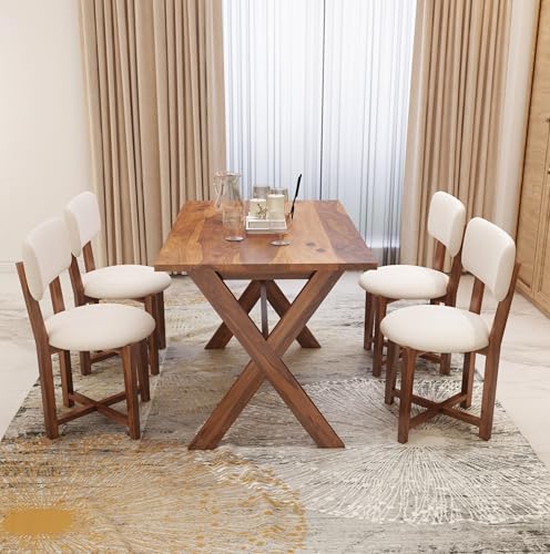 Image of MURALICRAFT Sheesham Wood 45 Inch Dining Table 4 Seater | Four Seater Dinning Table Set with 4 Upholstered Dining Chairs | Table: Criss Cross Design | Chair: Premium Round Edge | Rosewood, Honey