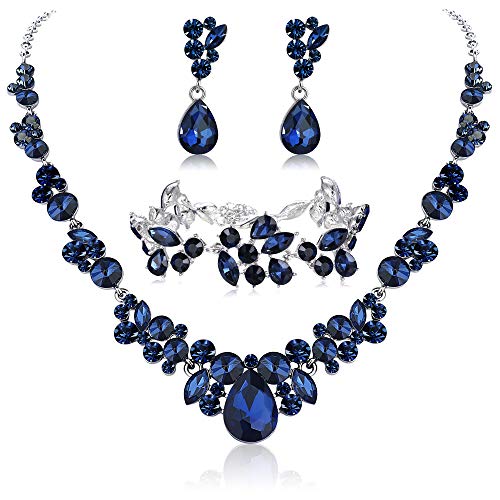 LOYALLOOK Rhinestone Crystal Bridal Costume Jewerry Set for Women Bridesmaid Gifts Floral Teardrop Bridal Necklace Earrings Bracelets Set for Wedding