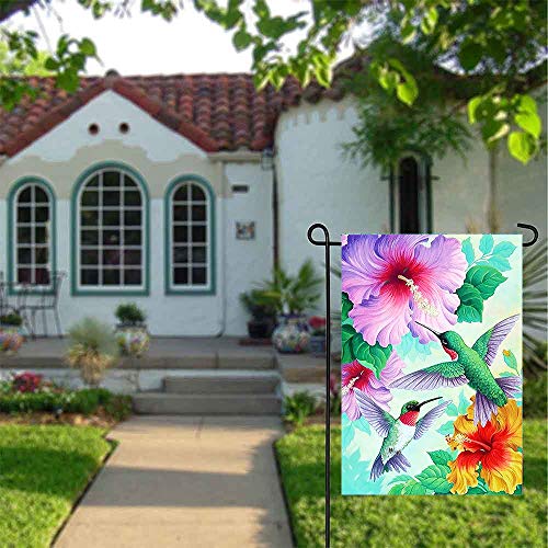Spring Hummingbirds Hibiscus Flowers Summer Welcome Double Sided Garden Yard Flag 12" X 18", Hello Spring Summer Birds Tropical Flowers Lily Floral Decorative Garden Flag Banner For Outdoor Home #TOP2