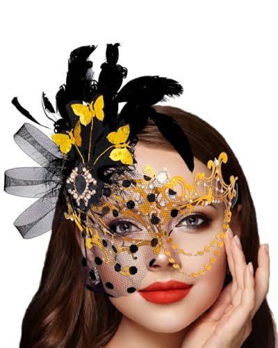 Campsis Women Masquerade Mask, Feather Masquerade Ball Mask, Gold Venetian Mask
