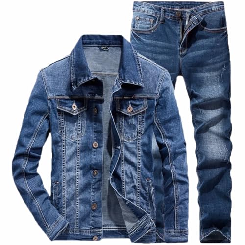 Men's Slim Fit Denim Long Sleeve Jacket + Pants Business Casual 2-Piece Jeans Sets