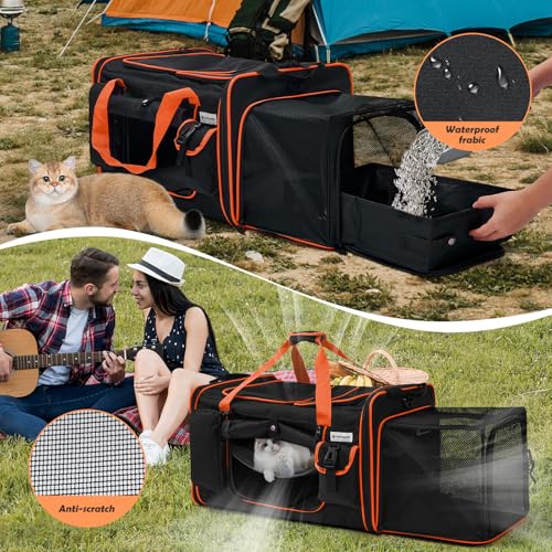 Odoland Katzentransportbox für 2 große Katzen 60×38×35cm - Faltbar Erweiterbarer Transporttasche Katze Welpen, atmungsaktiv Hundetragetasche mit Schultergurt & Katzenklo - Ideal für Reise, Auto
