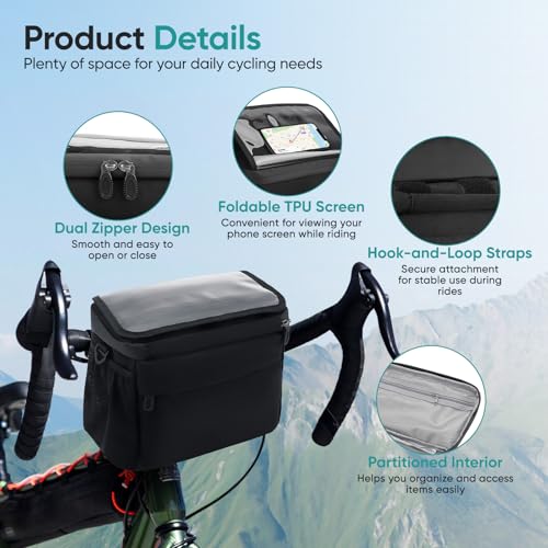 BugyKido 6L fahrradtasche vorne Lenker, Wasserdichter Fahrradkorb vorne Tasche, Vorn Lenkertaschen Mit Handy Touchscreen Und Mobiltelefon Halter, Kompatibel mit 7-Zoll-Geräten