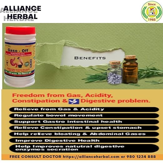 Image of GASO - OFF CHURAN l Herbal Gas & Acidity CARE CHURAN (Powder) 100 gm l Eases constipation & Bowel movement, Abdominal gas,hyperacidity l 10 Herbs Natural Digestive Fakki (Pack Of 2)